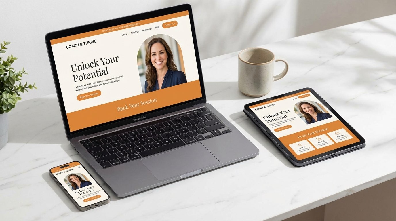 Professional solopreneur website displayed on MacBook, iPhone and iPad