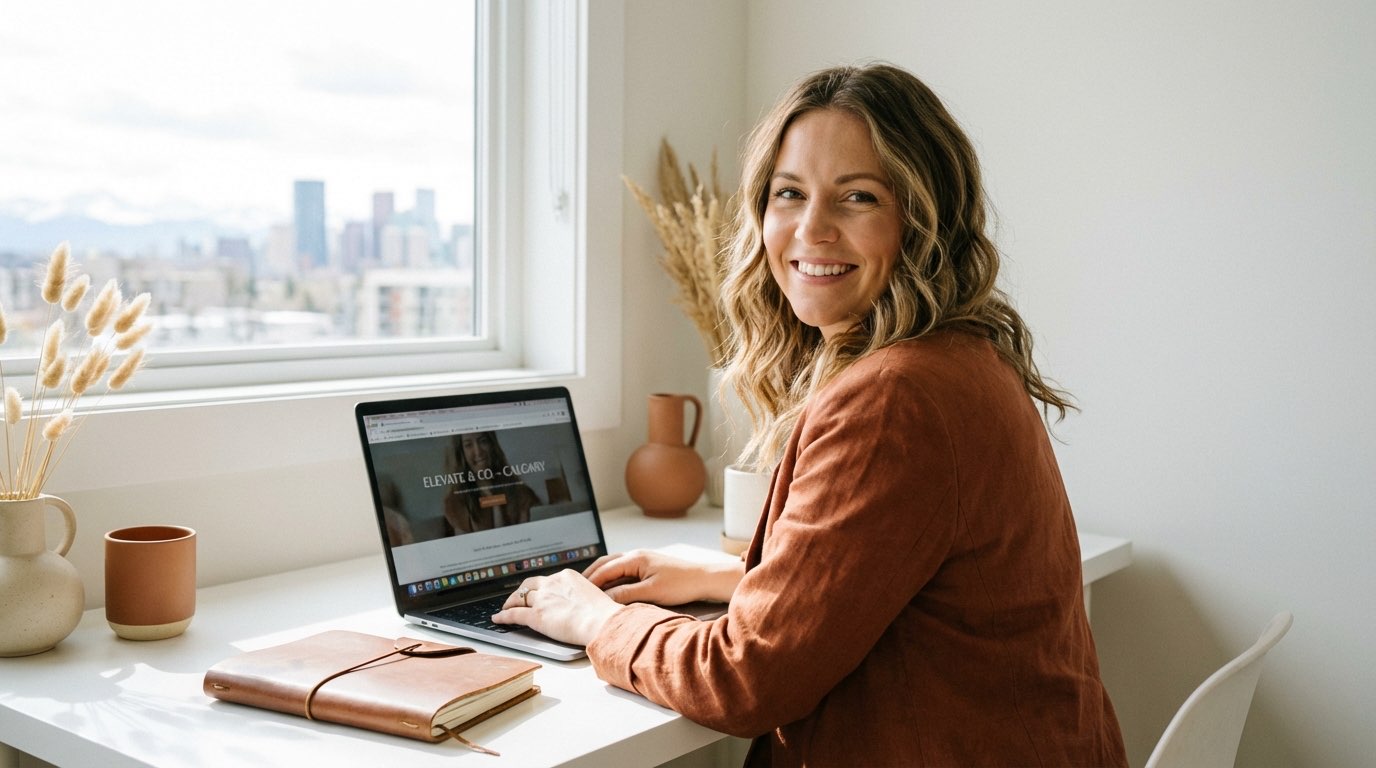 Calgary solopreneur working confidently at her desk with a professional website on her laptop